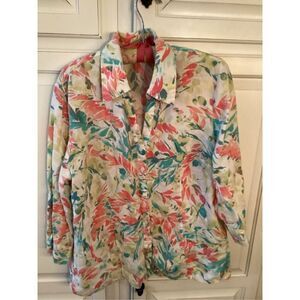 JM Collection 100% Linen Button Down Shirt Sz 14 Floral